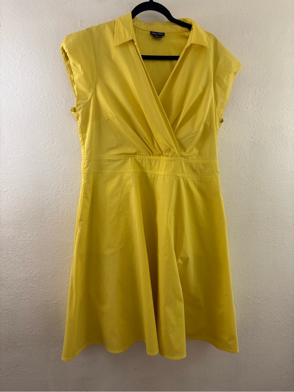City Chic yellow wrap-front fit-and-flare short sleeve v neck shirt dress S/16